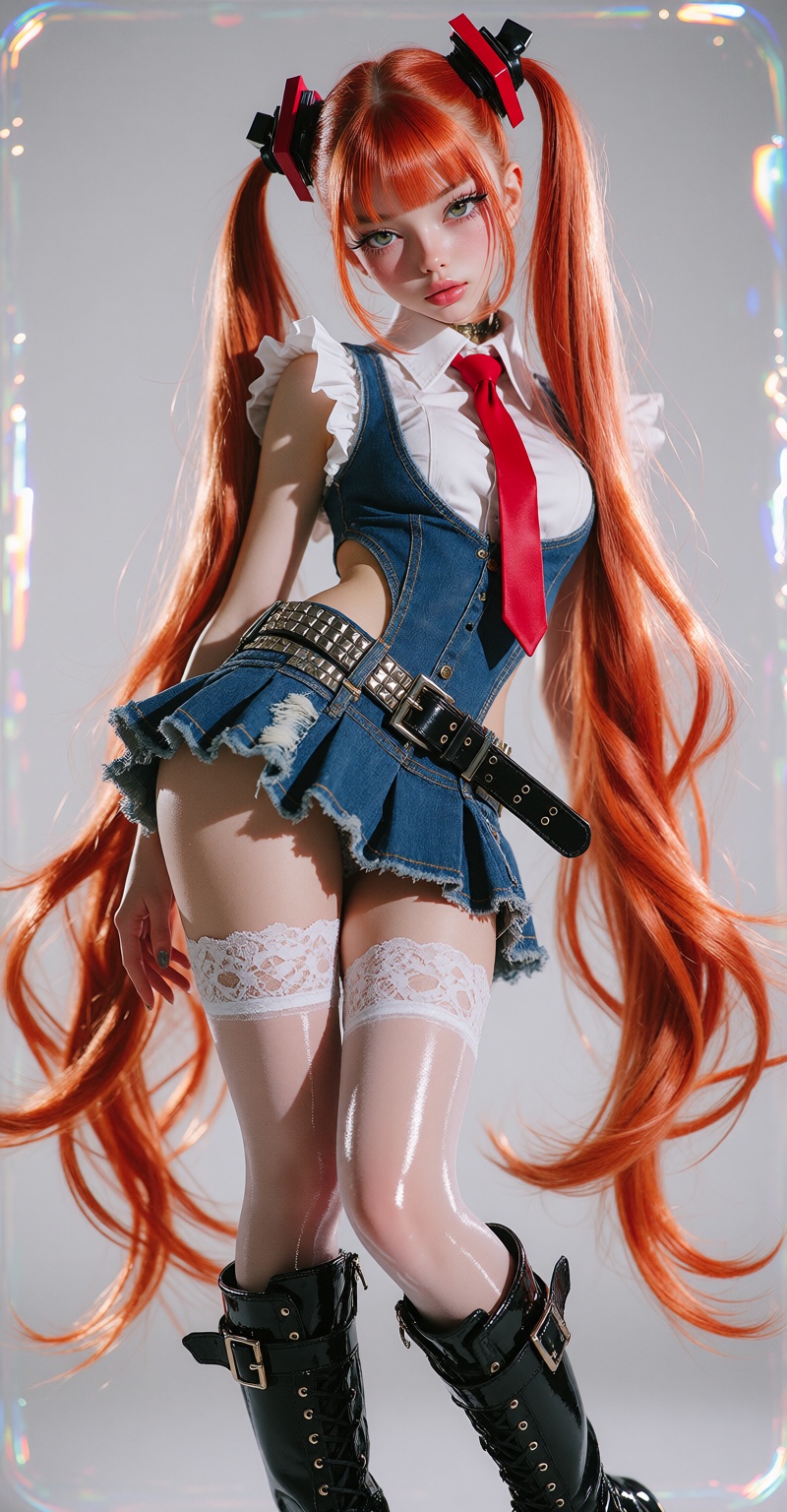 Create a 4K ultra-realistic fine-art full-body portrait of an enchanting ***** woman as a modern anime-pop cyber muse. Her...