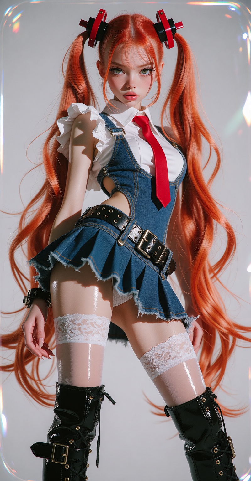 Create a 4K ultra-realistic fine-art full-body portrait of an enchanting ***** woman as a modern anime-pop cyber muse. Her...