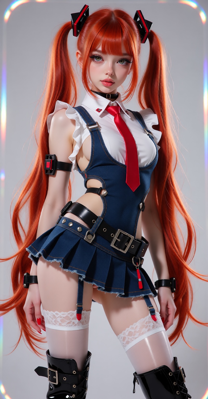 Create a 4K ultra-realistic fine-art full-body portrait of an enchanting ***** woman as a modern anime-pop cyber muse. Her...