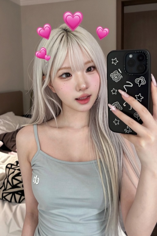 The image shows a young woman taking a selfie. She has long blonde white hair and is wearing a light gray **** top. She is...