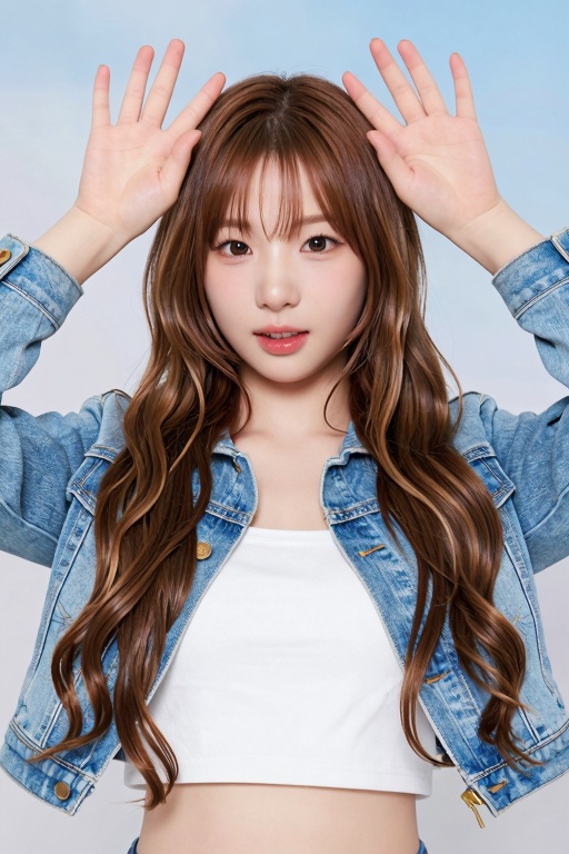 The image shows a young woman with long,  wavy brown hair. She is wearing a light blue denim jacket over a white cropped t...