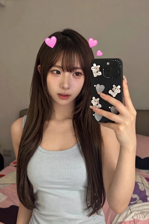 The image shows a young woman taking a selfie. She has long dark hair and is wearing a light gray **** top. She is holding...