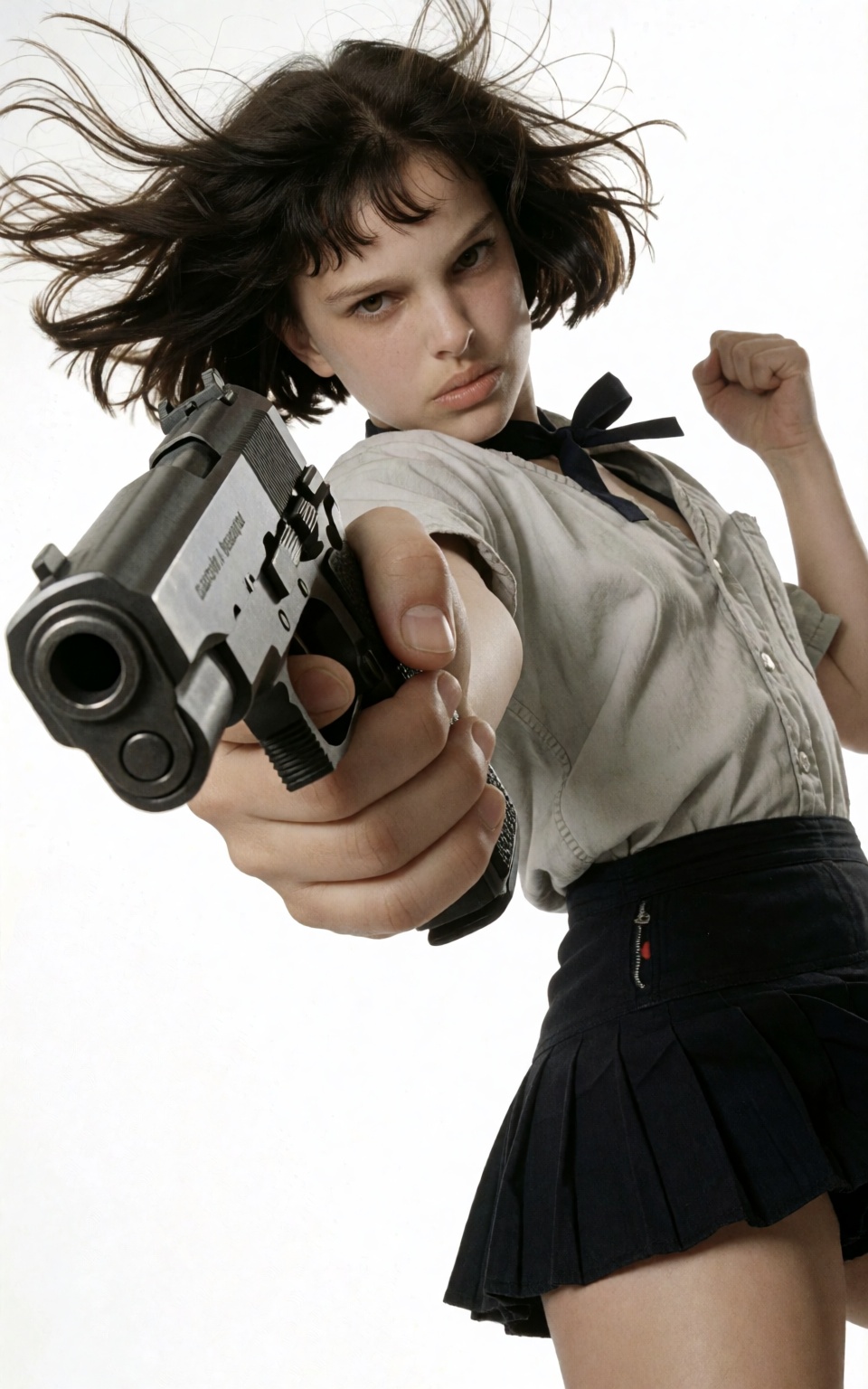 Low angle shot. A low-angle image of an intense young woman,  leaning slightly as she aims with a gun. She has wind-blown...