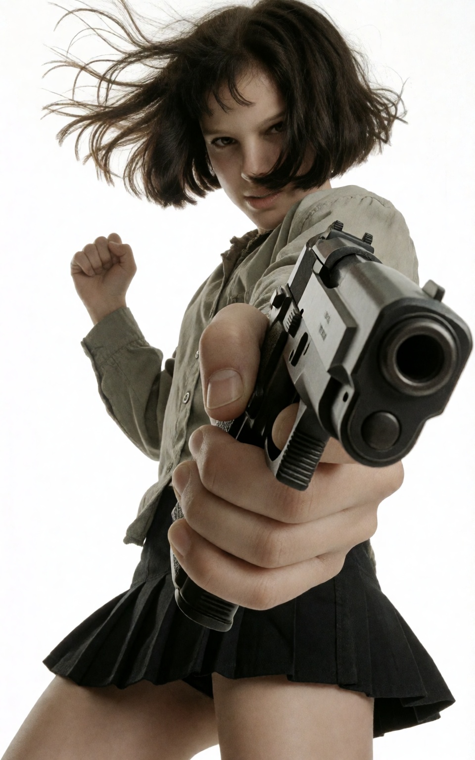 Low angle shot. A low-angle image of an intense girl,  leaning slightly as she aims with a gun. She has wind-blown dark ha...
