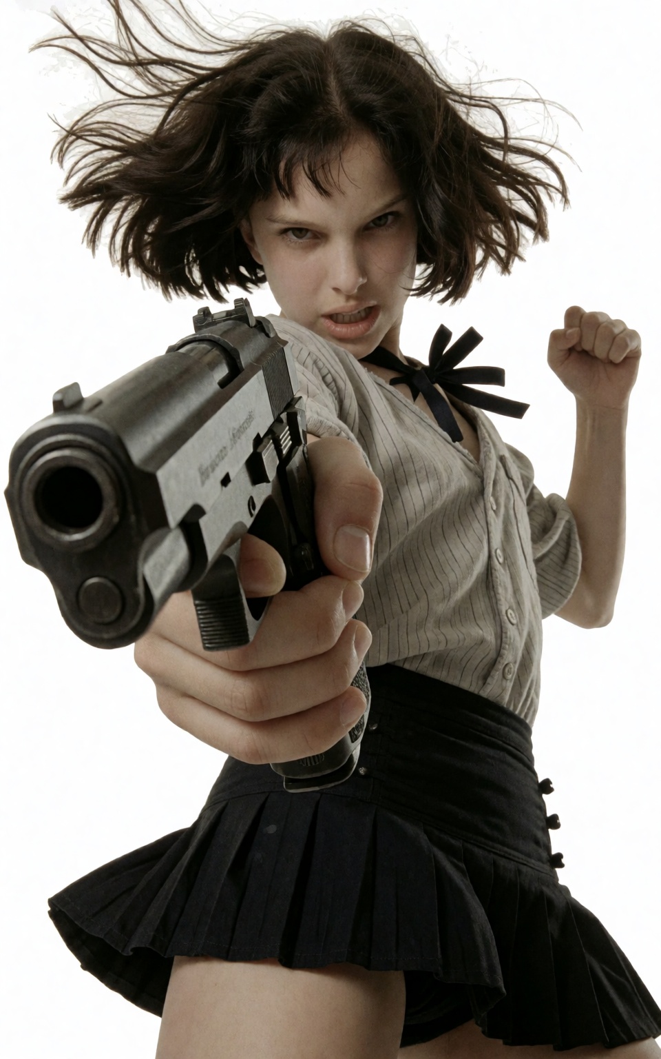 Low angle shot. A low-angle image of an intense young woman,  leaning slightly as she aims with a gun. She has wind-blown...
