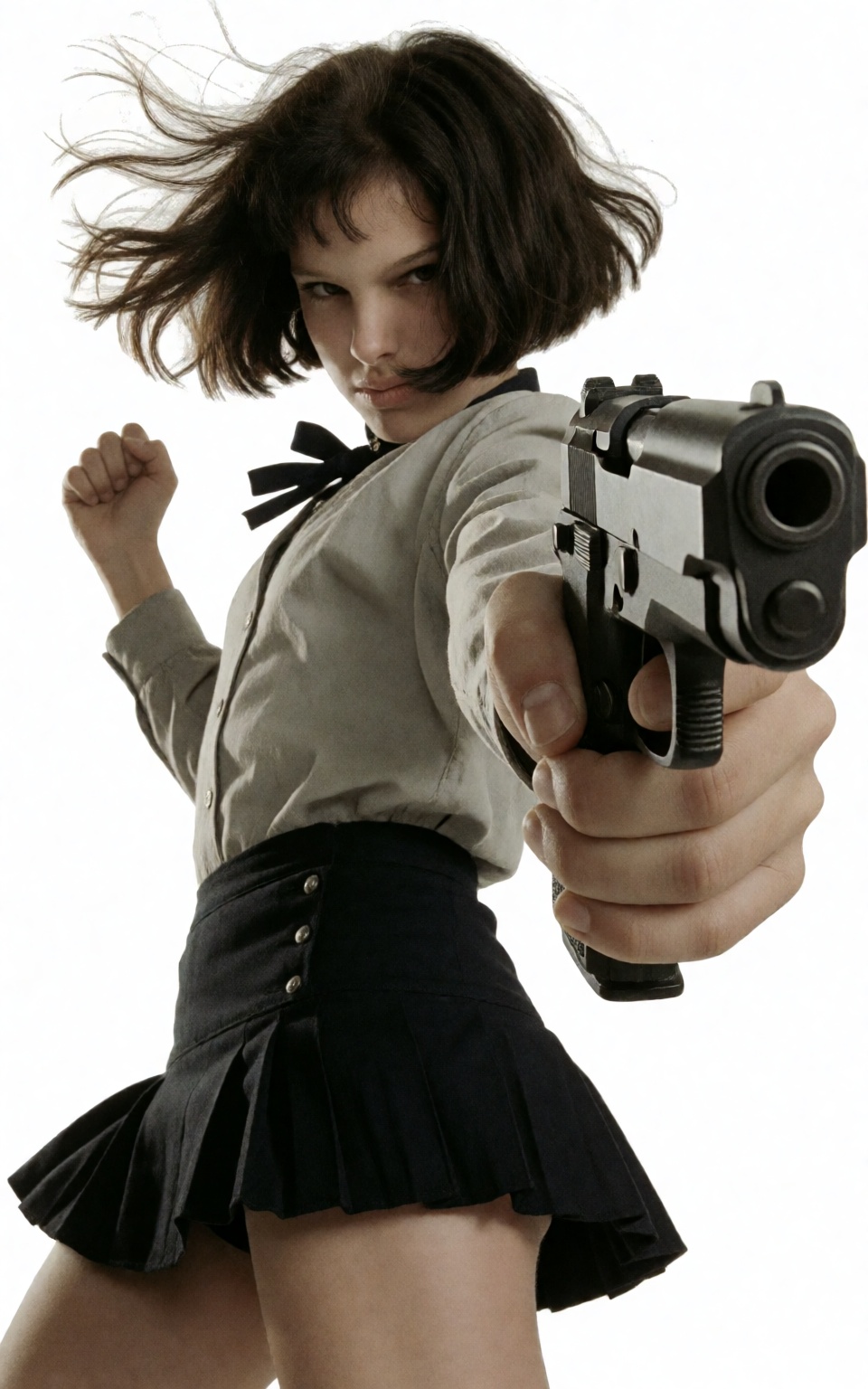 Low angle shot. A low-angle image of an intense young woman,  leaning slightly as she aims with a gun. She has wind-blown...