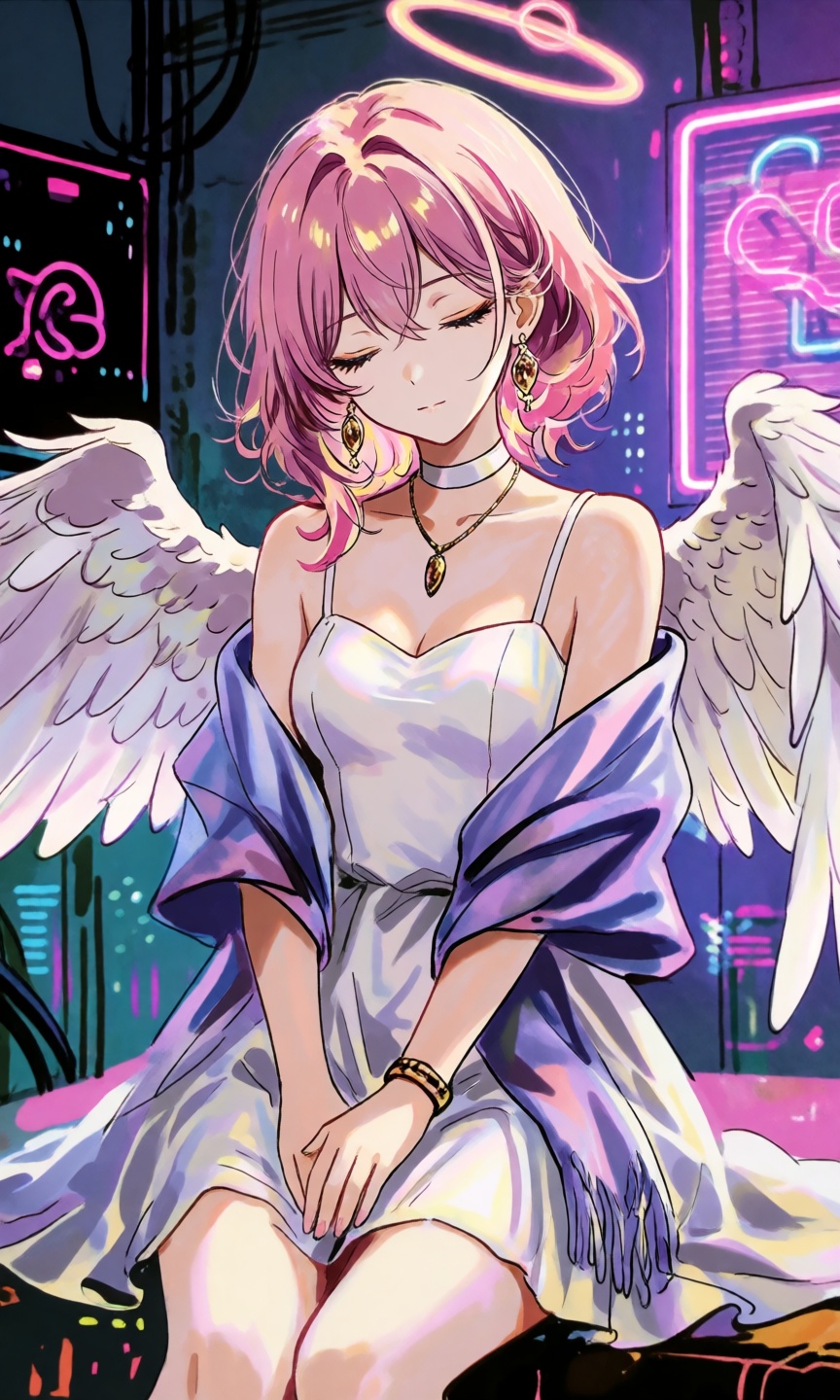 A beautiful angel girl with short pink hair and large white feathered wings,  wearing a white dress with a purple shawl. S...