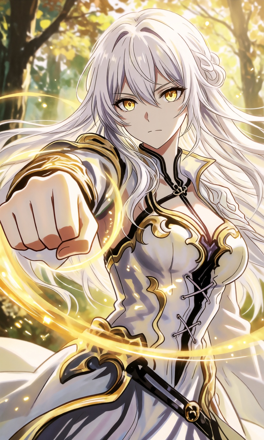 A digital anime illustration of a powerful female warrior with long,  flowing white hair and striking golden-yellow eyes....