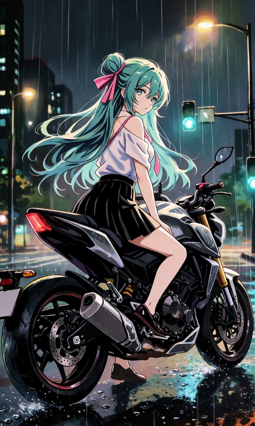 A beautiful anime girl with long,  flowing turquoise hair and a pink ribbon tied in a bun sits on a sleek,  modern motorcy...