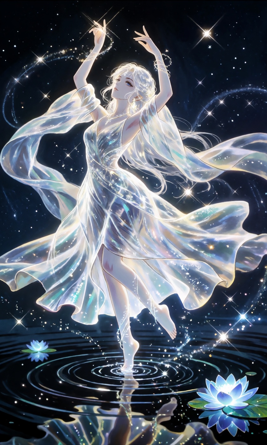 A celestial female dancer made of glowing starlight and ethereal light,  posed mid-dance with arms gracefully raised above...