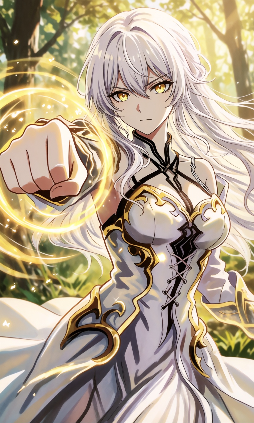 A digital anime illustration of a powerful female warrior with long,  flowing white hair and striking golden-yellow eyes....