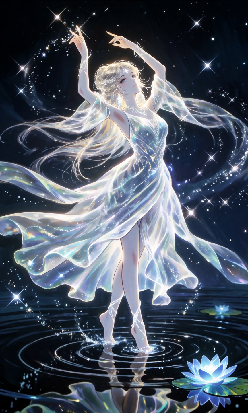 A celestial female dancer made of glowing starlight and ethereal light,  posed mid-dance with arms gracefully raised above...