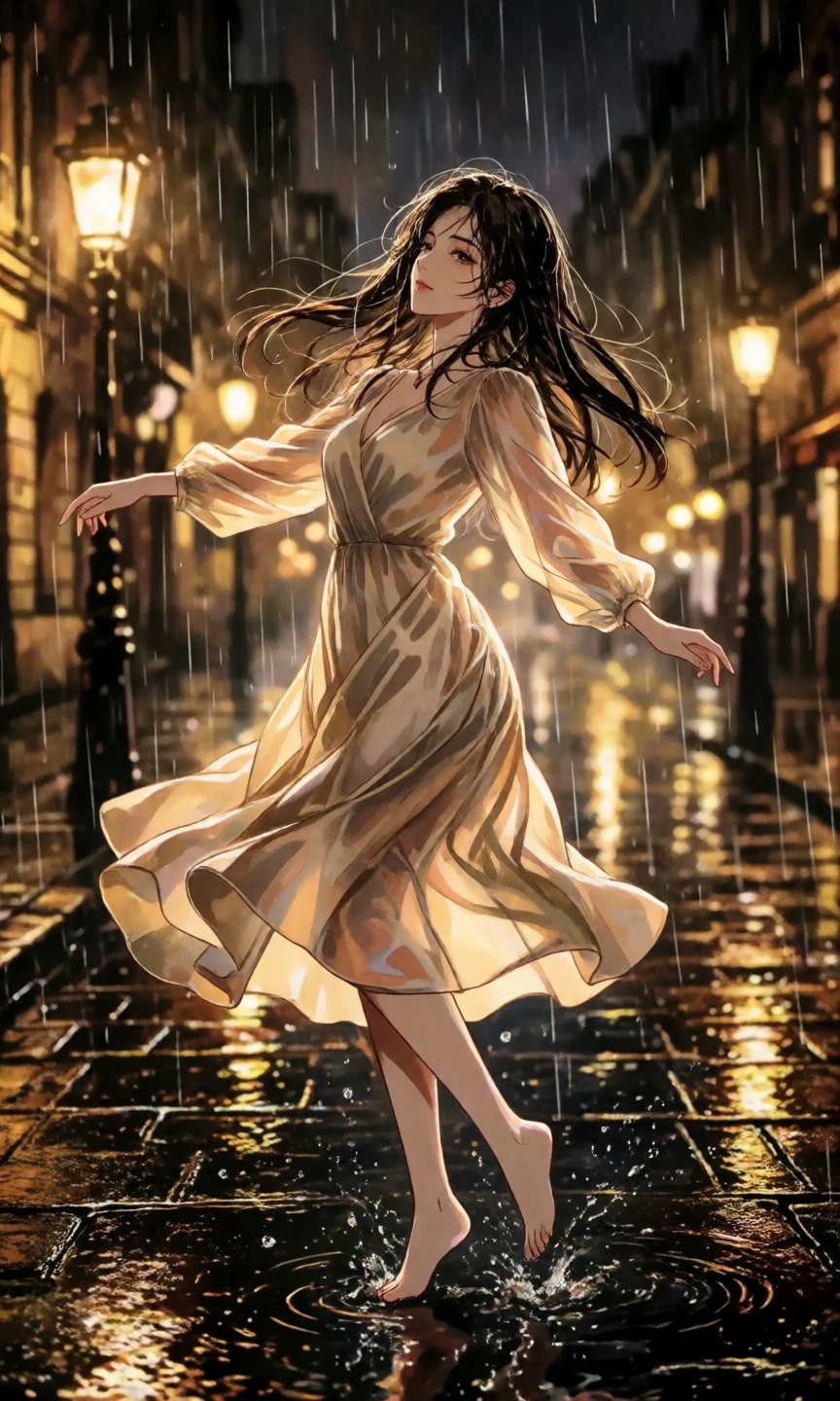A cinematic,  full-body shot of a graceful young woman dancing in the rain on a dimly lit European city street at night. S...