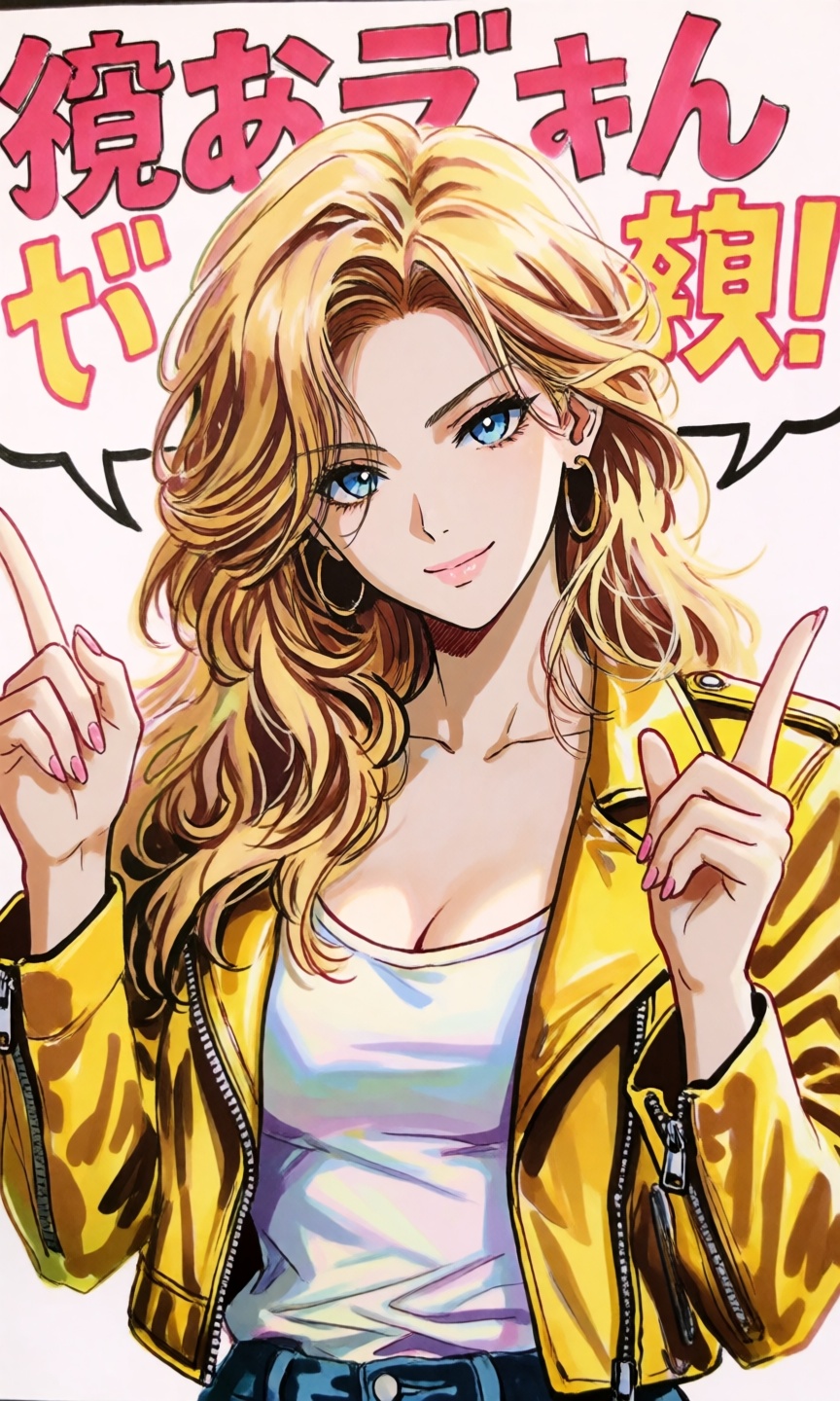 A beautiful young woman with long,  wavy blonde hair and blue eyes,  wearing a white **** top and a yellow leather jacket....