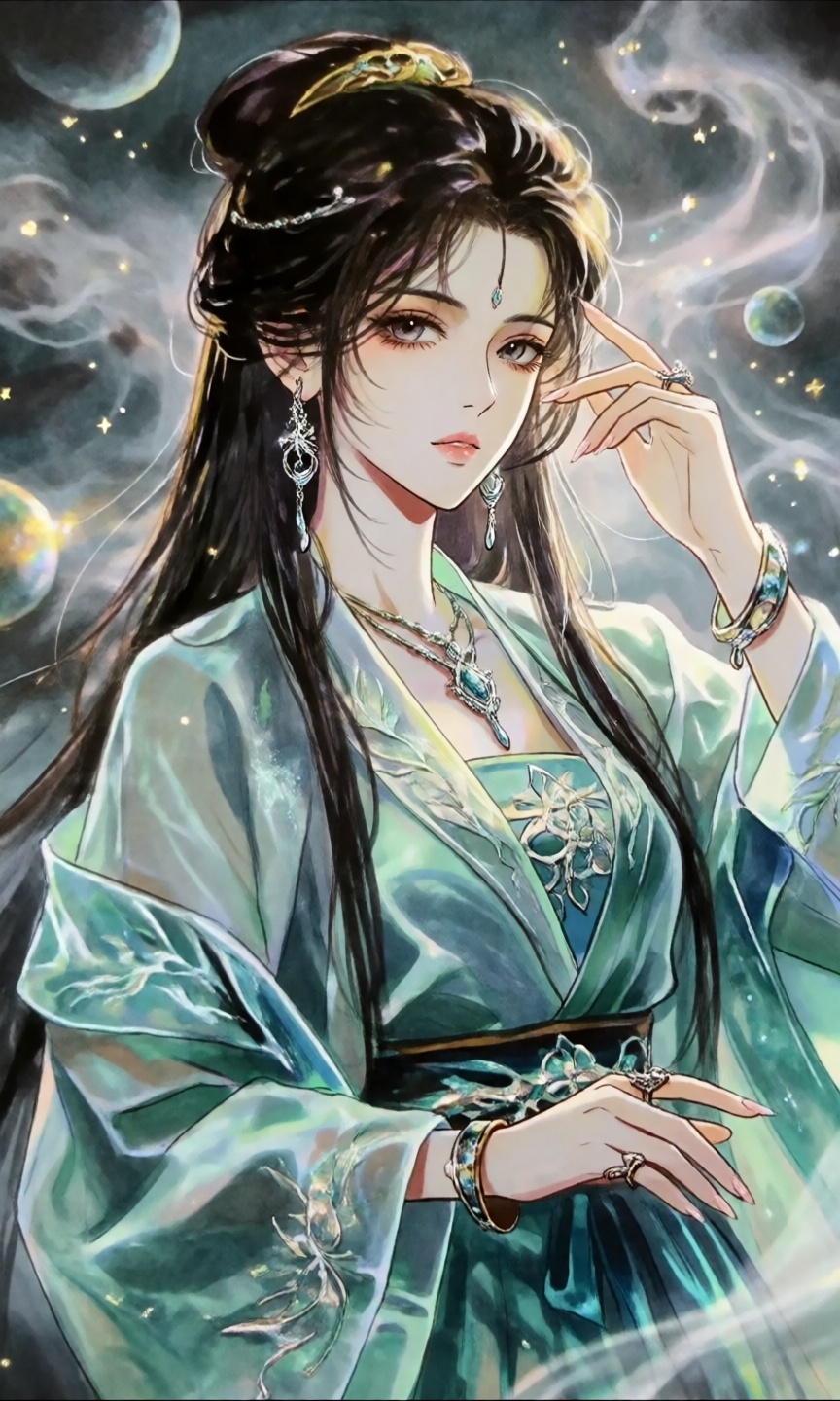 a beautiful Chinese woman with long dark hair tied into a bun at the top of her head,  with strands of hair falling loosel...