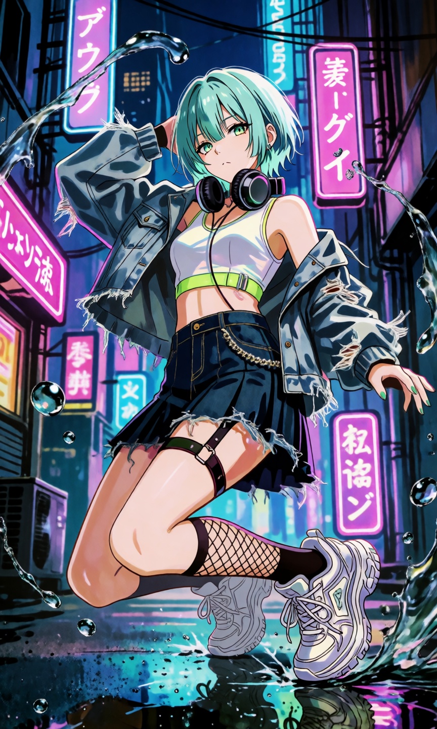 An anime illustration of a dynamic cyberpunk girl with short teal hair,  wearing a white crop top,  an oversized distresse...