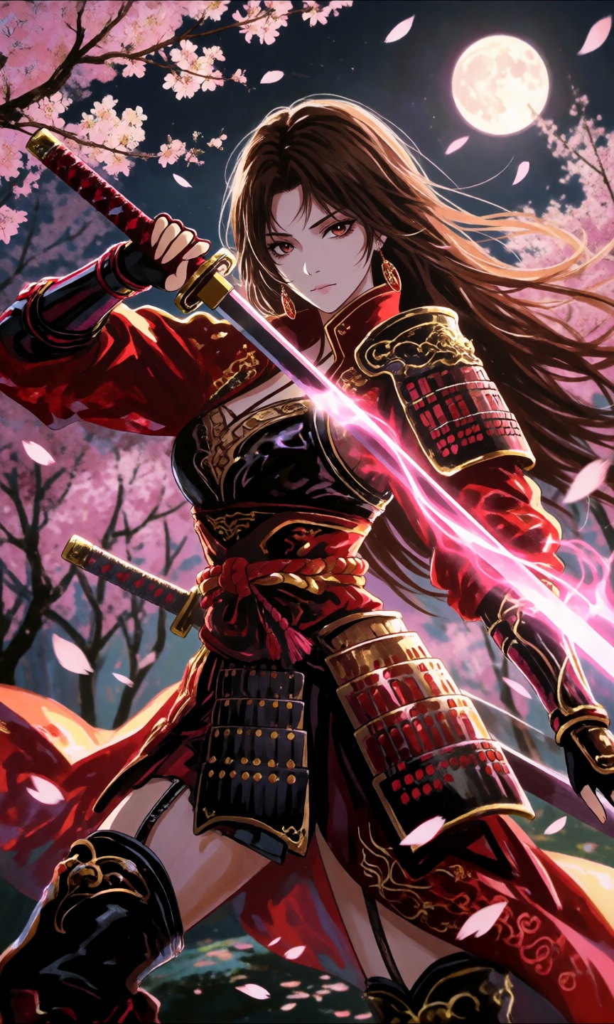 A stunning digital illustration of a fierce anime warrior woman holding a glowing katana that emits a vibrant pink energy...