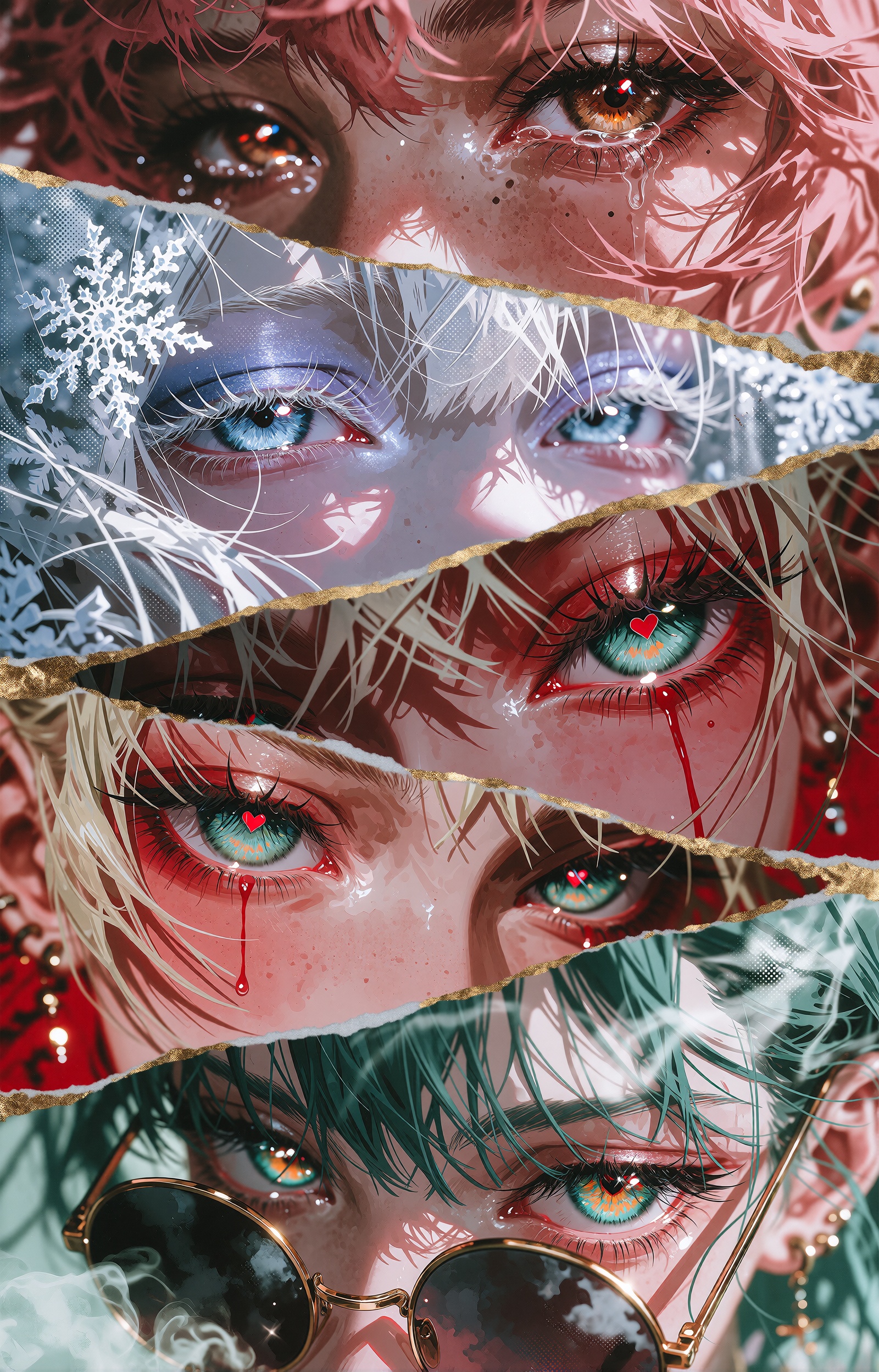 An extreme close-up anime illustration composed as four diagonal full-bleed panels separated by torn gold-leaf strips,  ea...
