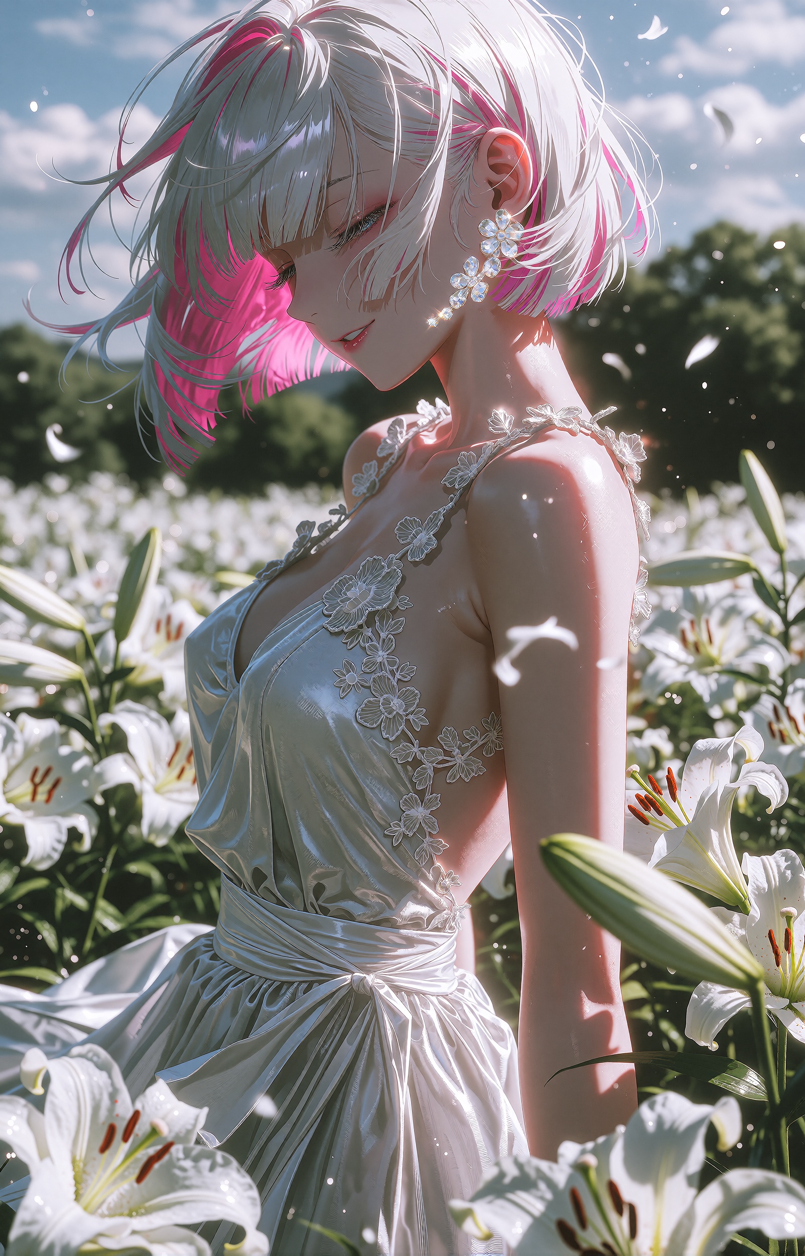 A serene young woman with a short silver-white bob accented by vivid magenta-pink inner highlights stands in profile among...
