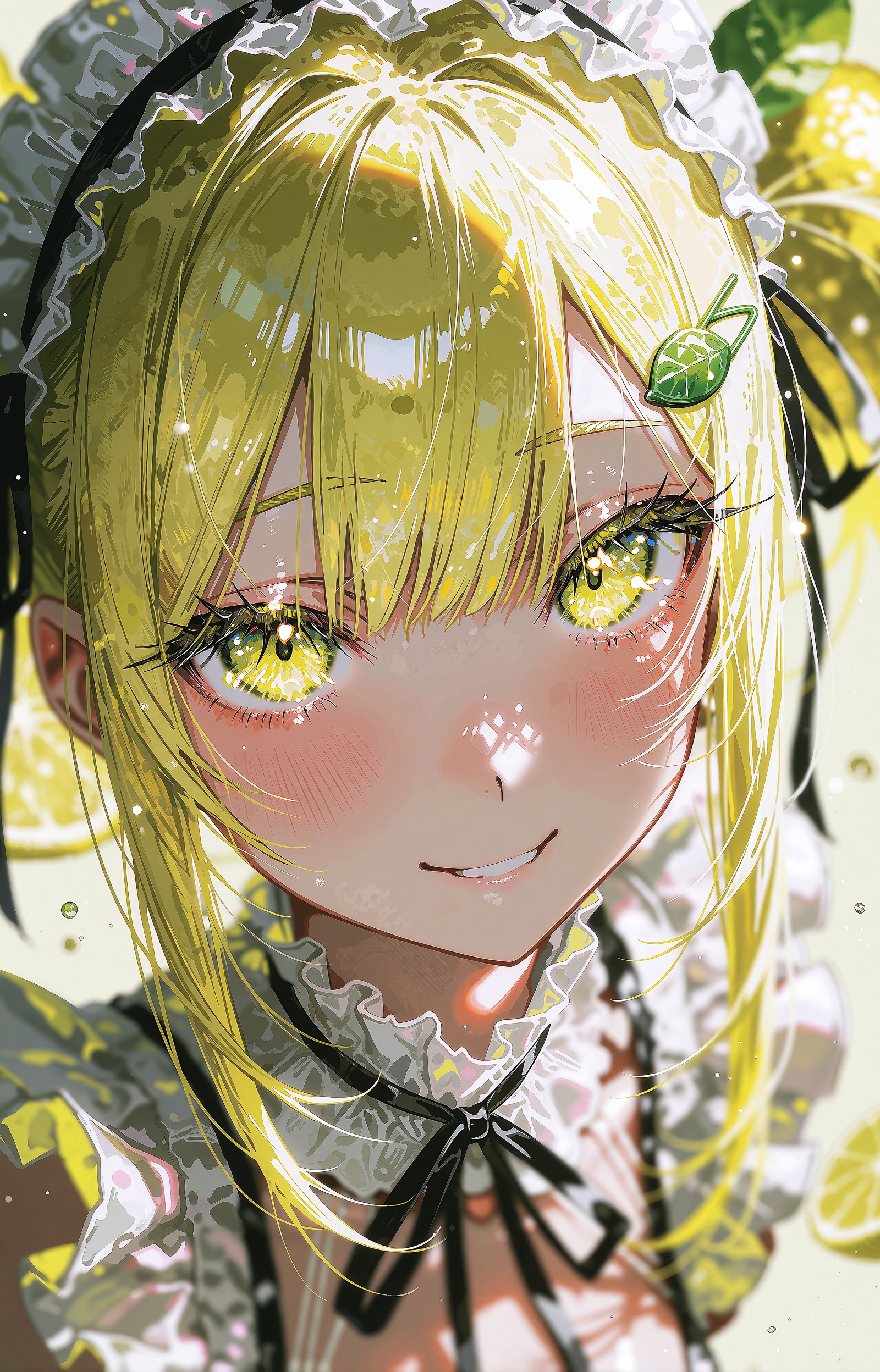 A glossy anime girl embodying a ripe lemon gazes directly at the viewer in an extreme vertical close-up portrait. Her long...