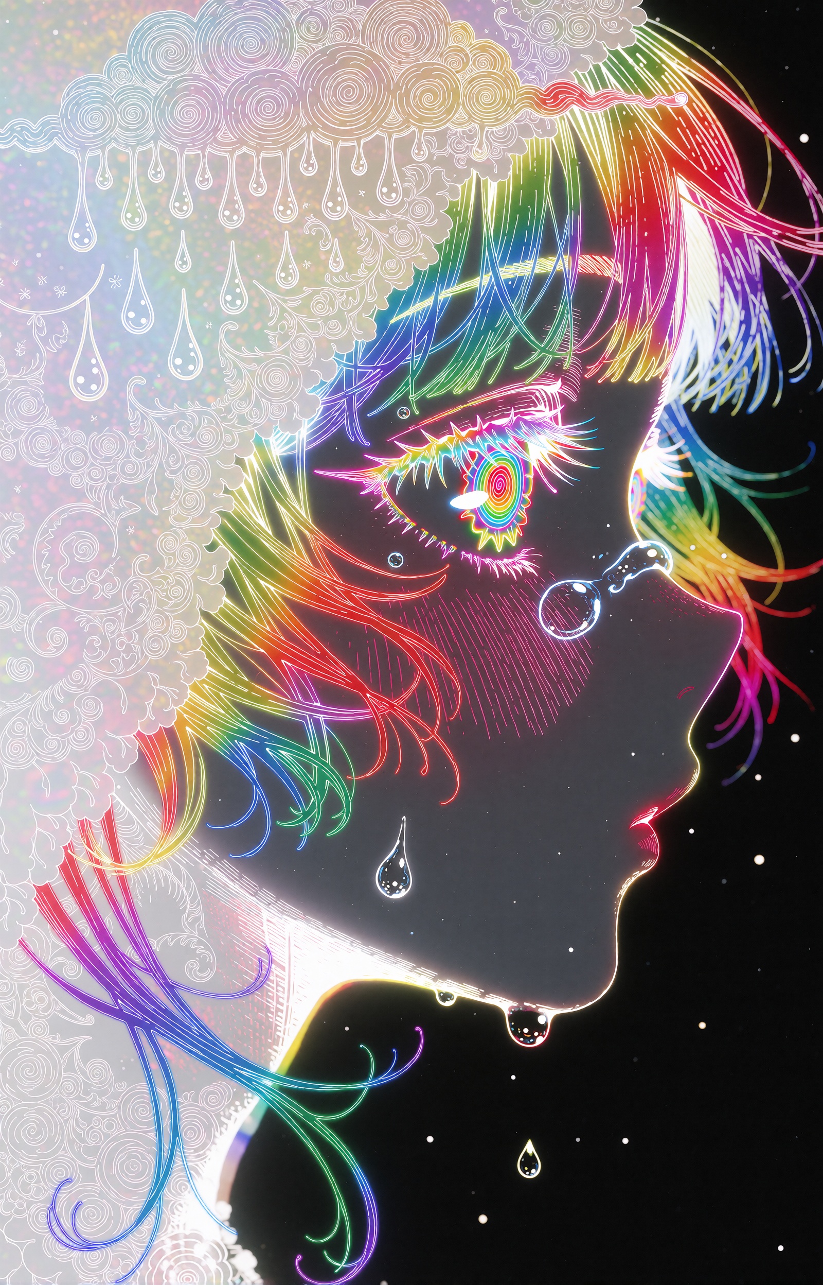 A psychedelic neon anime illustration of a figure in right-facing profile,  rendered as glowing rainbow gradient line art...