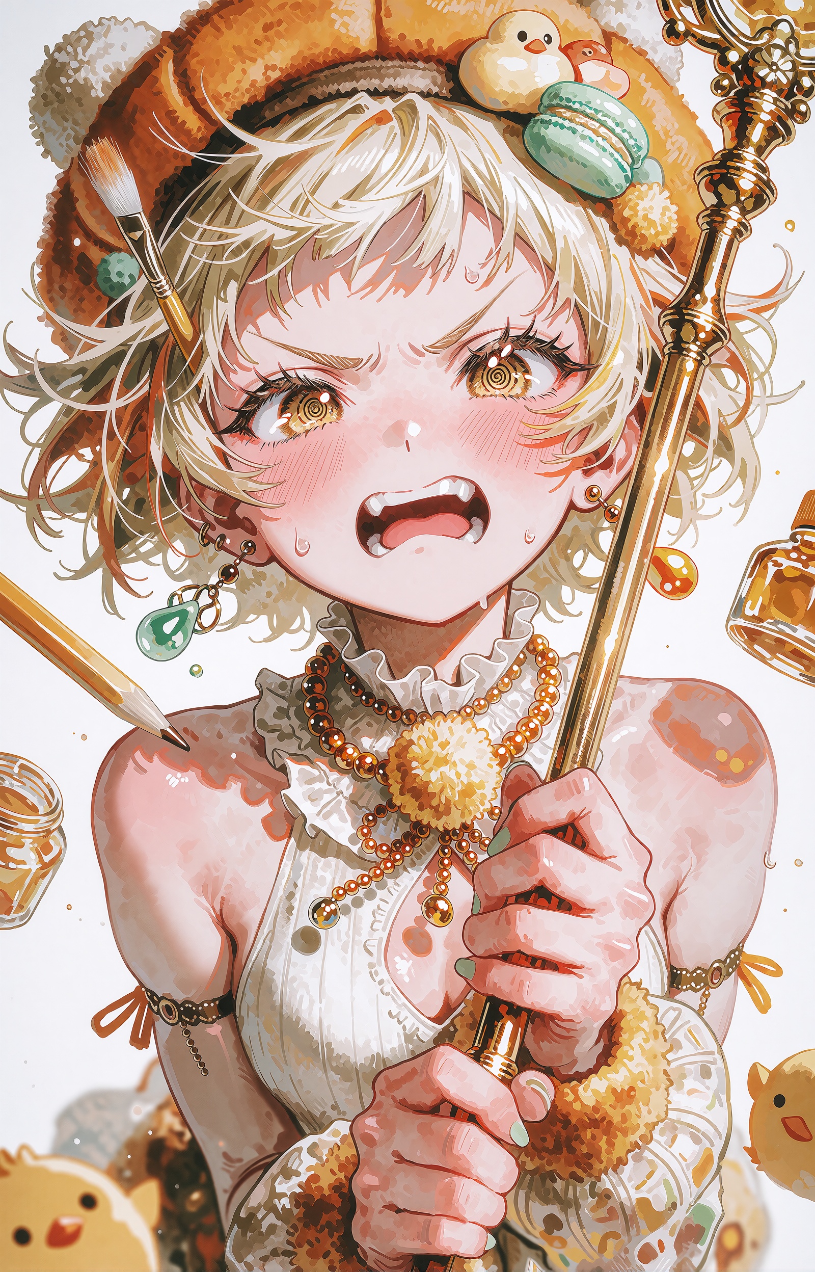 A flustered young anime artist girl leans into frame in a tight close-up bust portrait,  her short tousled blonde hair fli...
