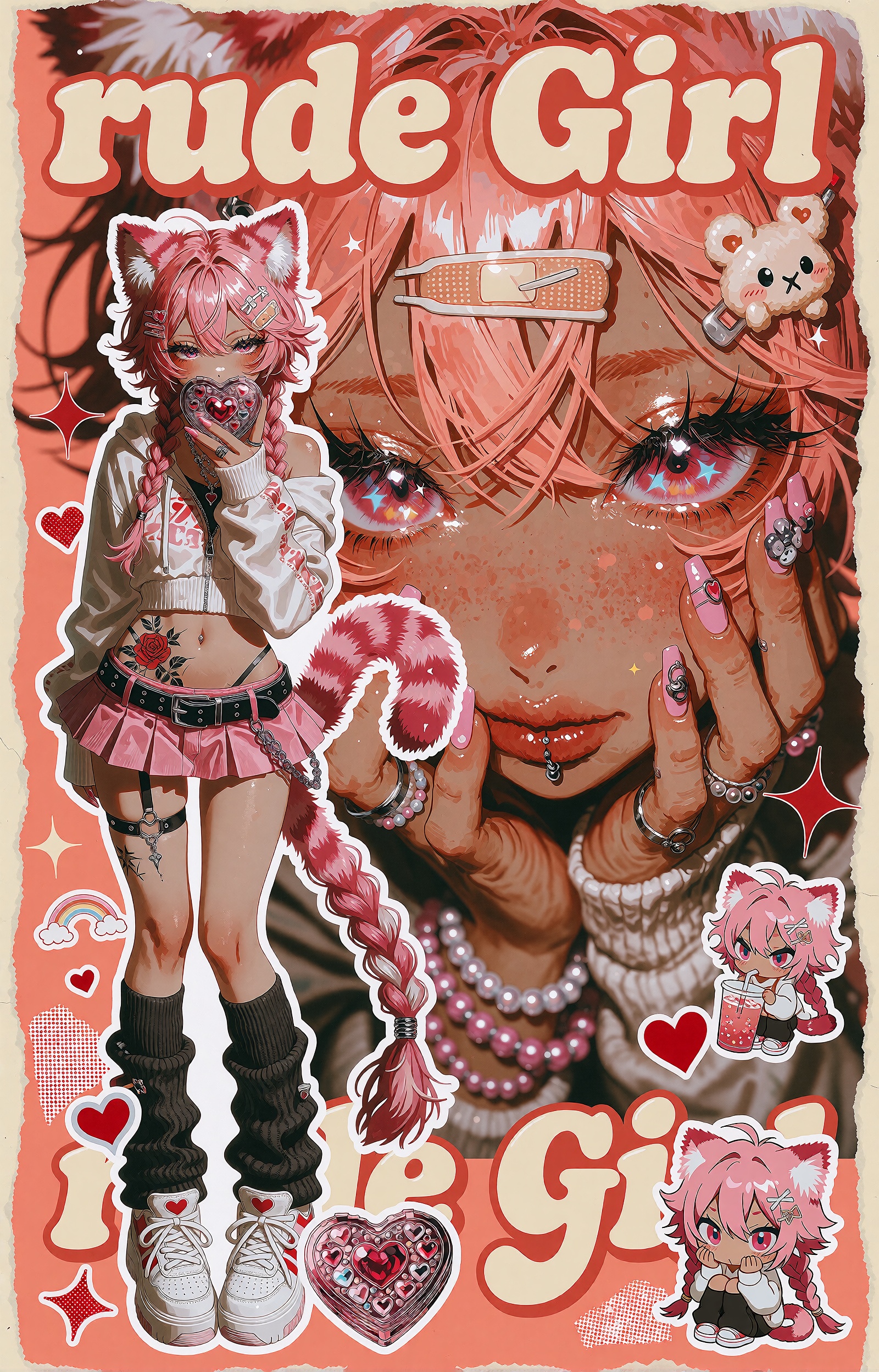 A vertical retro-pop anime sticker-collage poster on a peach-coral background framed by torn cream paper edges. The domina...