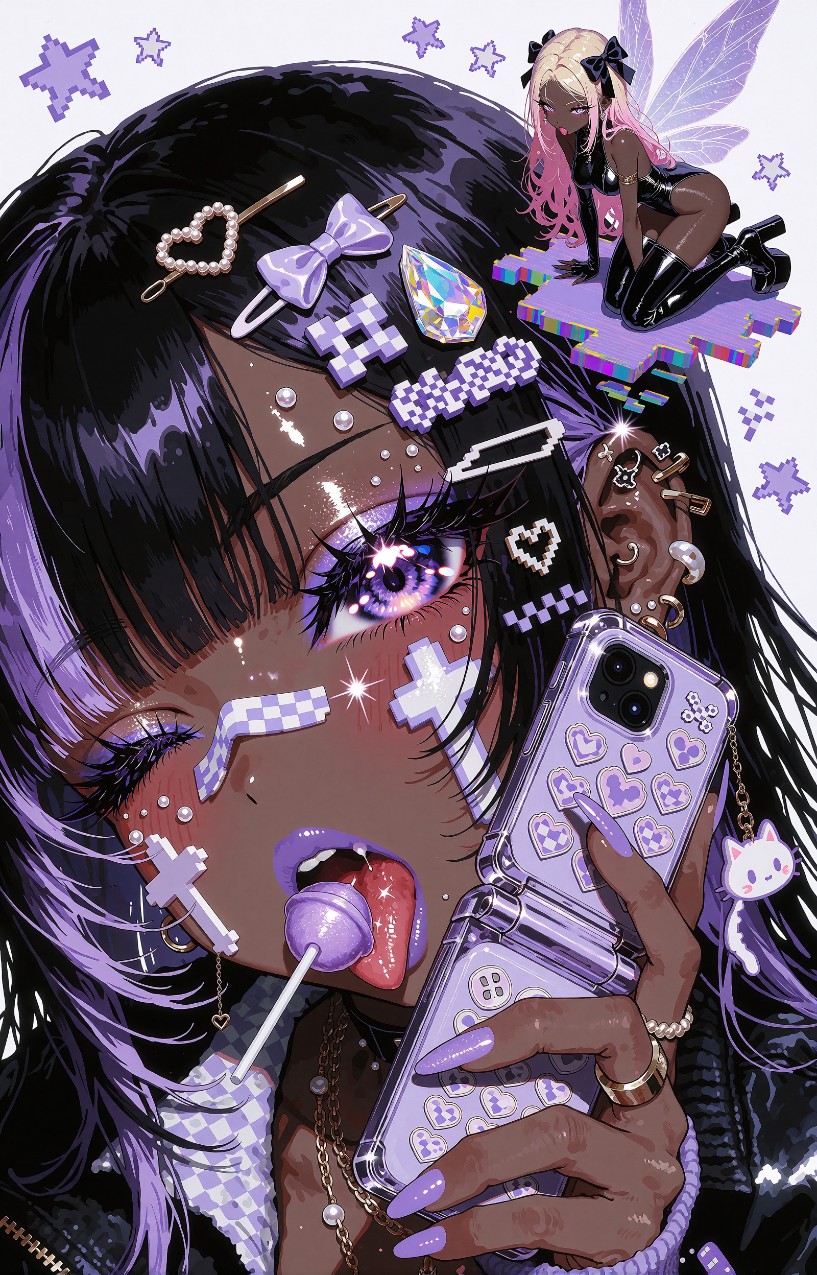 An extreme close-up diagonal portrait of a playful dark-skinned anime girl with long black hair streaked in lavender-purpl...