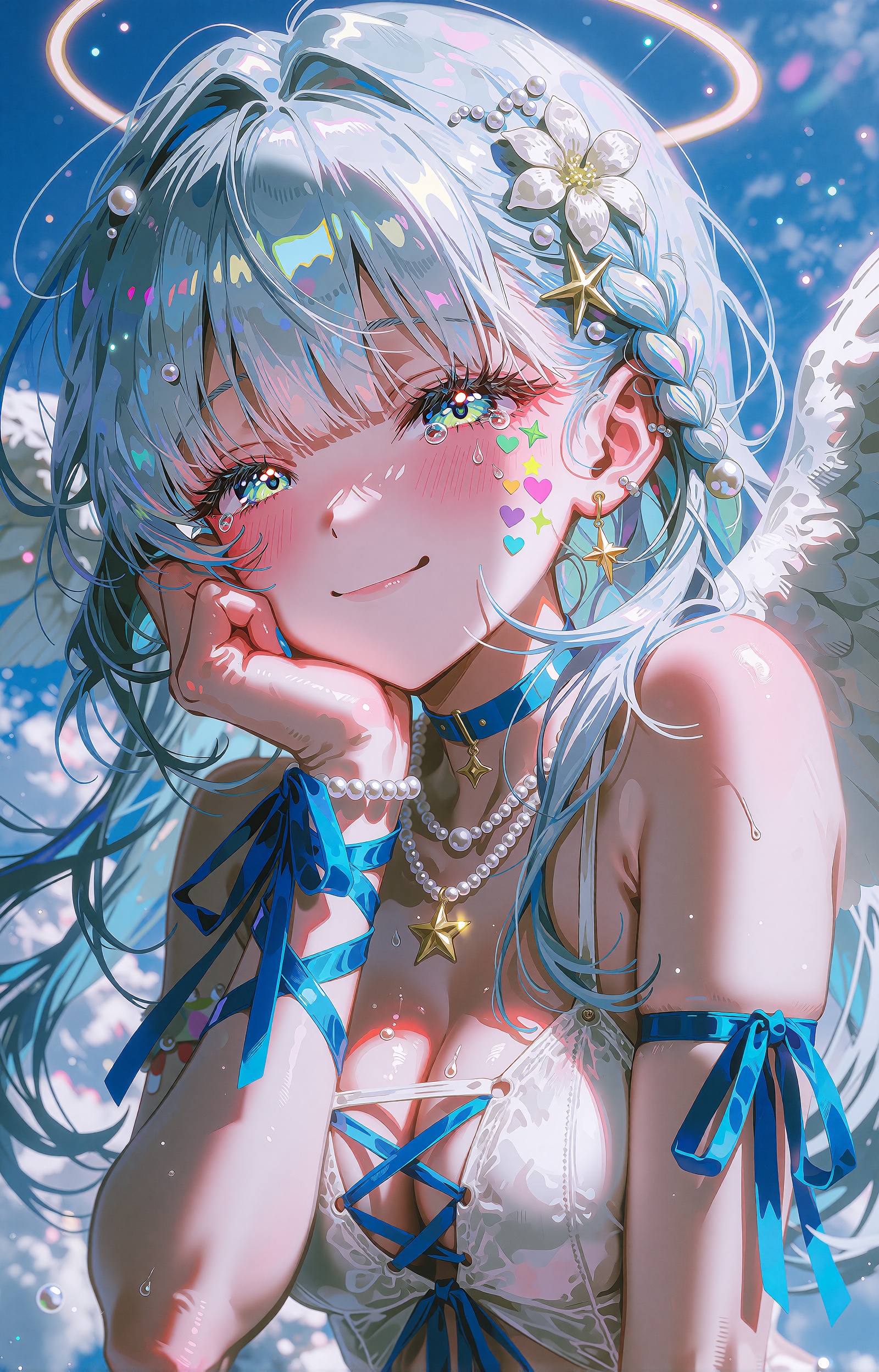 A young angelic girl with long flowing ice-blue hair fills the frame in a close-up portrait,  her cheek resting on a loose...