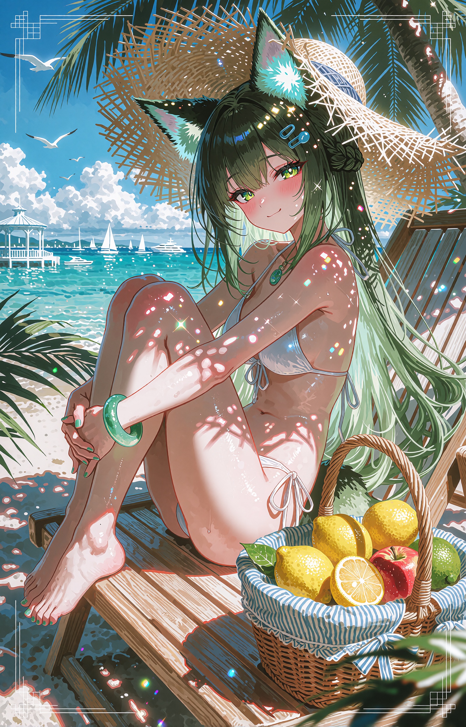 A vertical painterly anime illustration of a tropical beach resort. A young anime girl with very long green hair,  dark ol...