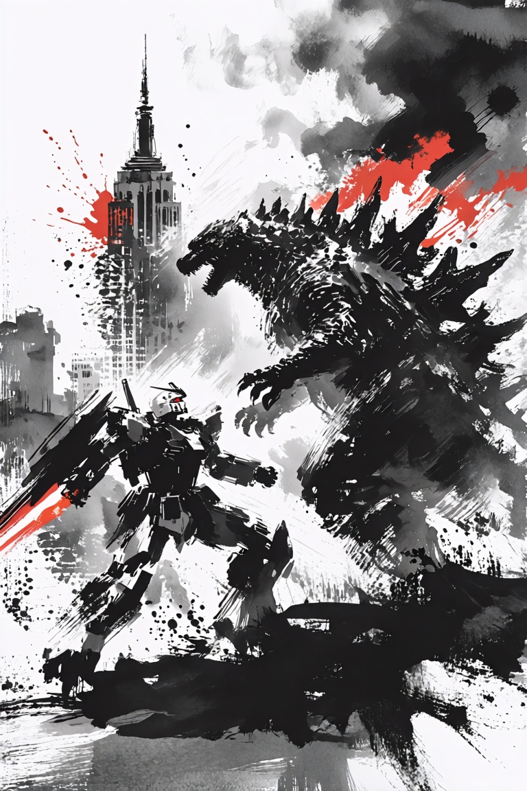 A masterpiece sumi-e ink wash painting capturing the visceral struggle between Godzilla and a Gundam in the heart of New Y...