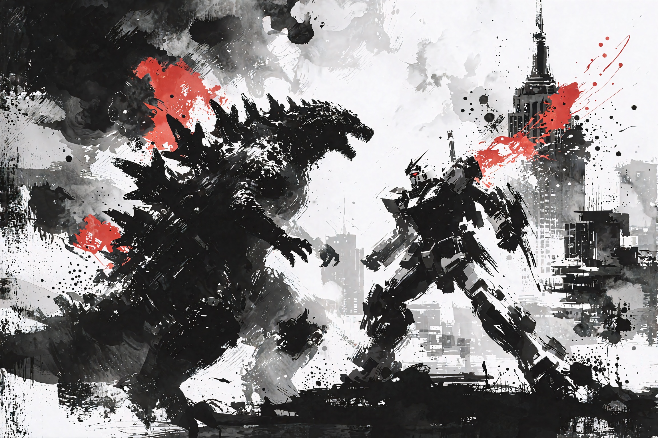 A masterpiece sumi-e ink wash painting capturing the visceral struggle between Godzilla and a Gundam in the heart of New Y...