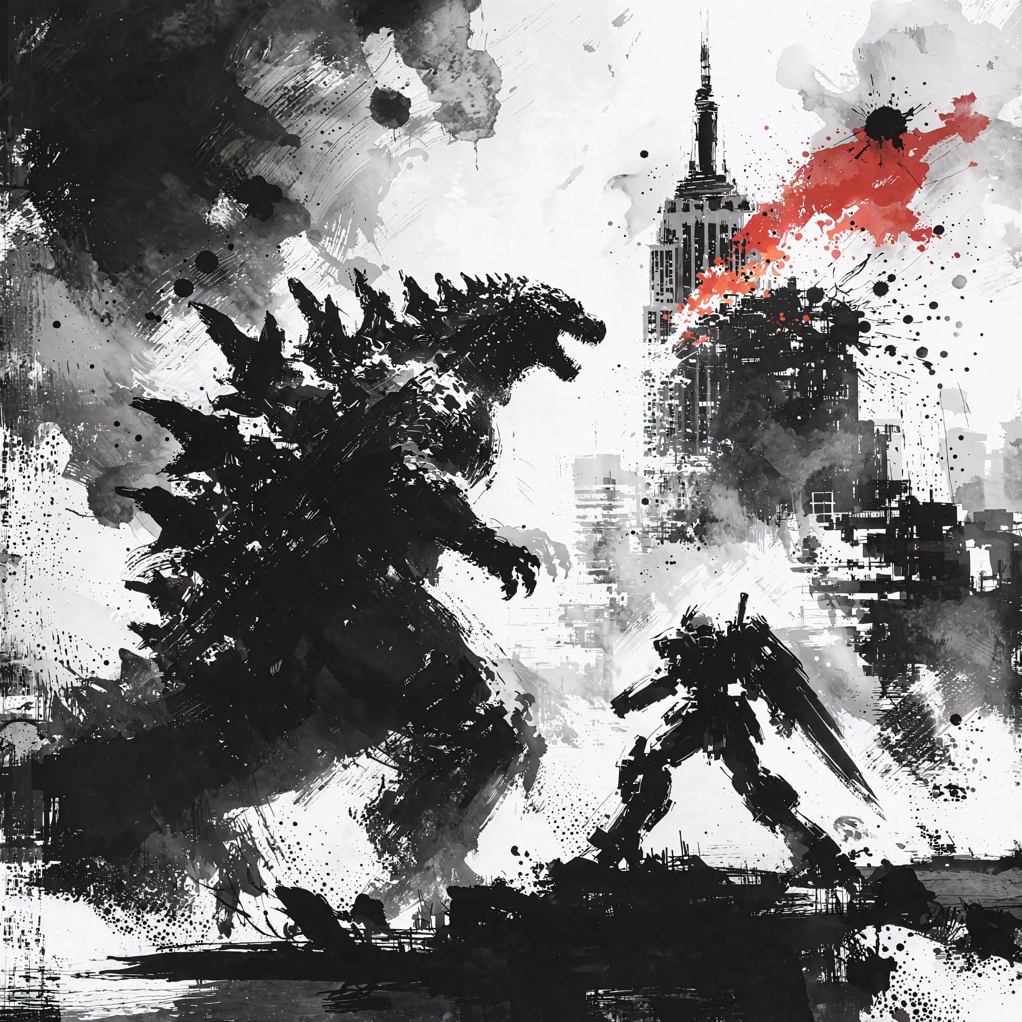 A masterpiece sumi-e ink wash painting capturing the visceral struggle between Godzilla and a Gundam in the heart of New Y...