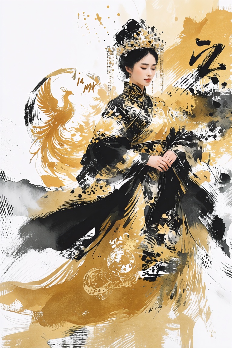 Like an amazing Ink Wash Painting. A beautiful woman dressed in traditional Chinese attire,  standing against a golden bac...