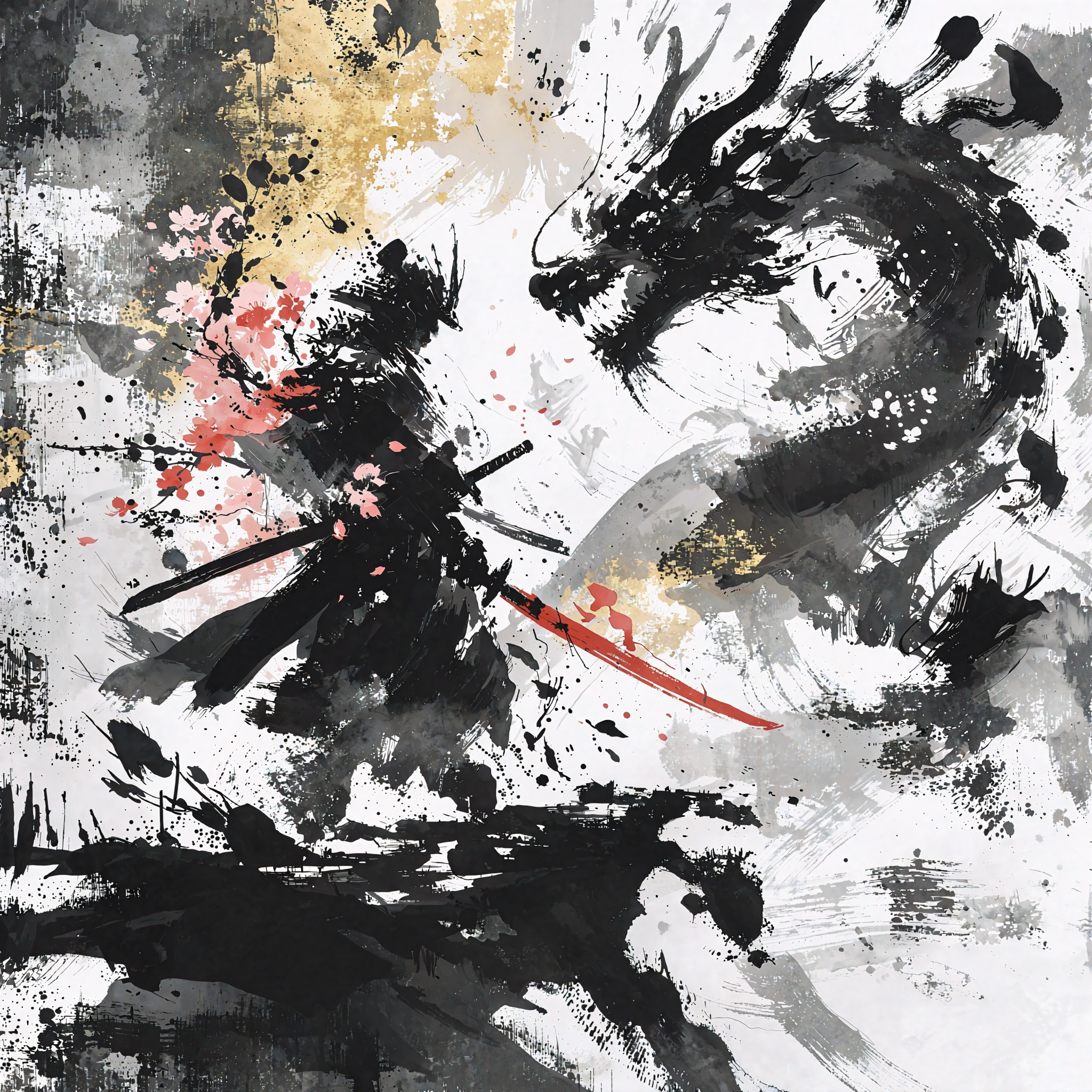 A breathtaking vertical composition in the style of a master ukiyo-e woodblock print blended with chaotic sumi-e ink wash....