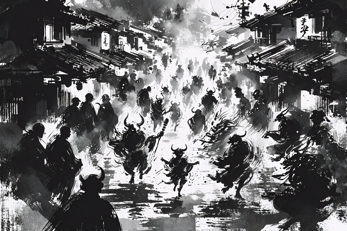 Wide cinematic shot,  Hyakki Yagyo (Night Parade of One Hundred Demons) theme. A chaotic yet harmoniously composed street...