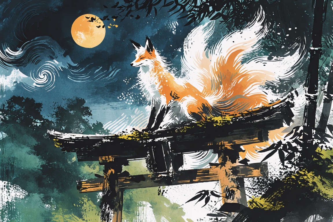 An intricate Ukiyo-e woodblock print style illustration of a divine Nine-Tailed Kitsune perched elegantly atop a moss-cove...