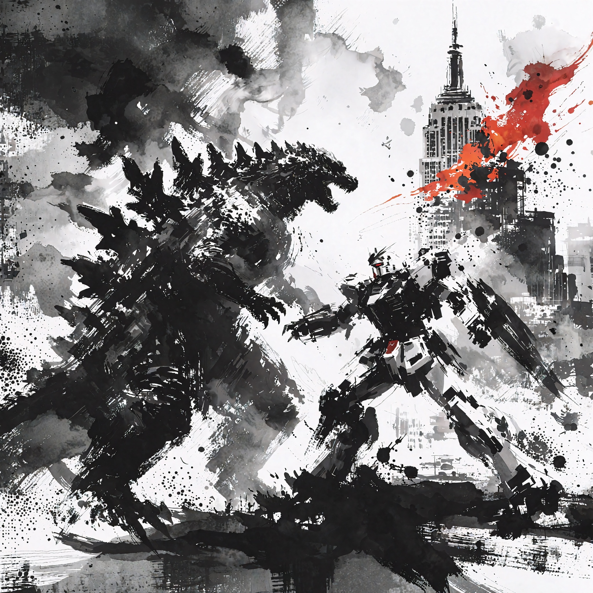 A masterpiece sumi-e ink wash painting capturing the visceral struggle between Godzilla and a Gundam in the heart of New Y...