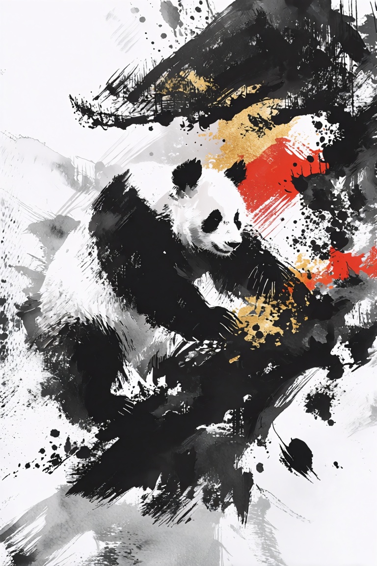 This stunning contemporary ink painting portrays a giant panda mid-climb on an ancient,  gnarled pine tree. The style merg...