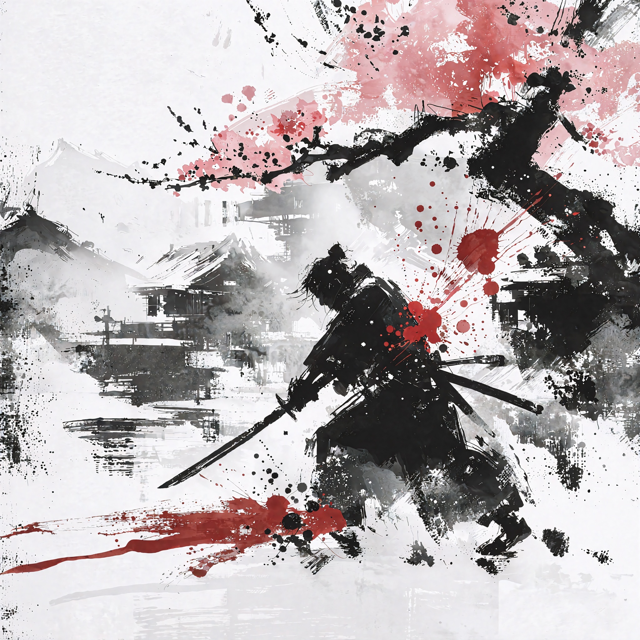 Samurai dramatic death under cherry blossom tree in the deep snow,  dynamic slashing pose,  spray of bright red blood acro...