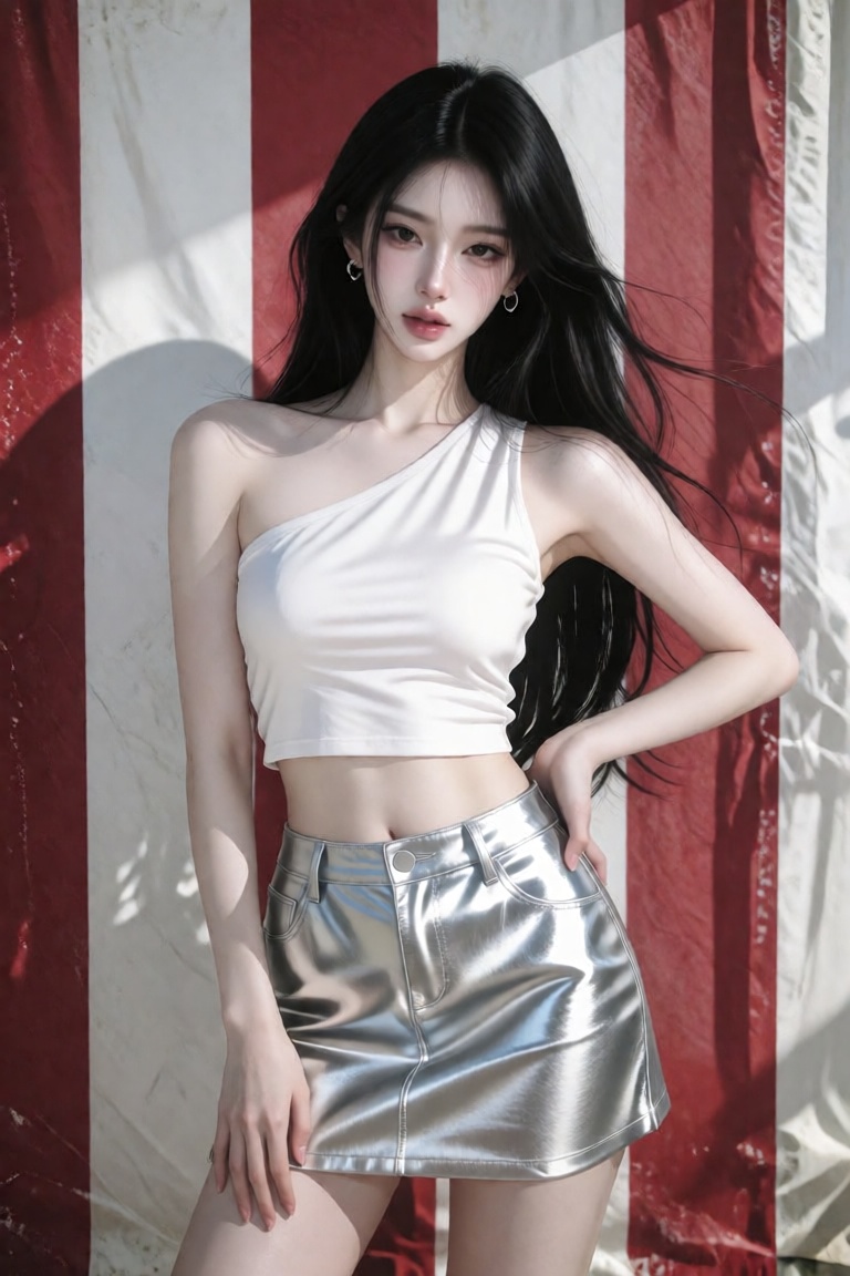 A photo-realistic shoot from a front camera angle about a young woman standing in front of a red and white striped backgro...