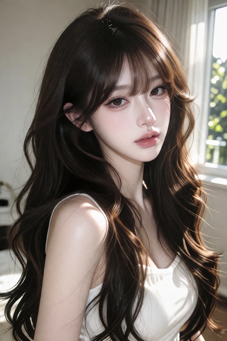 a photo-realistic portrait shoot from a close-up camera angle about a young woman with long,  wavy dark brown hair and lig...