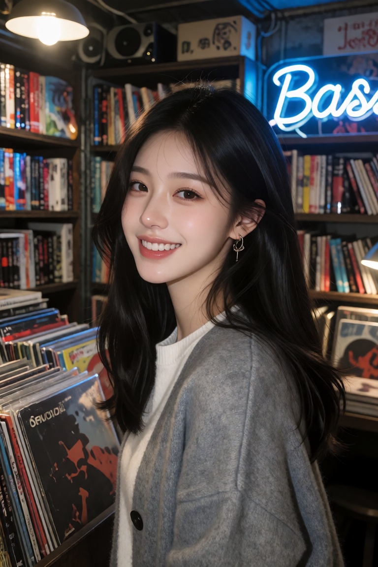 A photo-realistic portrait shoot from a portrait angle about a young woman standing in a library filled with books and rec...