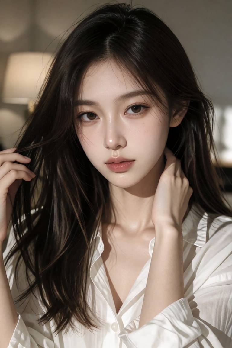 A photo-realistic portrait shoot from a portrait camera angle about a young woman with a neutral expression,  wearing a li...
