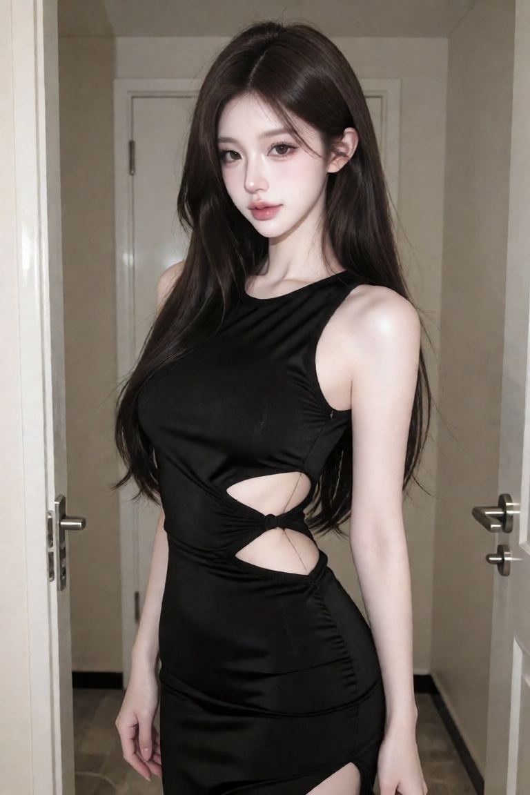 A photo-realistic shoot from a front camera angle about a young woman in a tight black dress with cutouts,  standing confi...