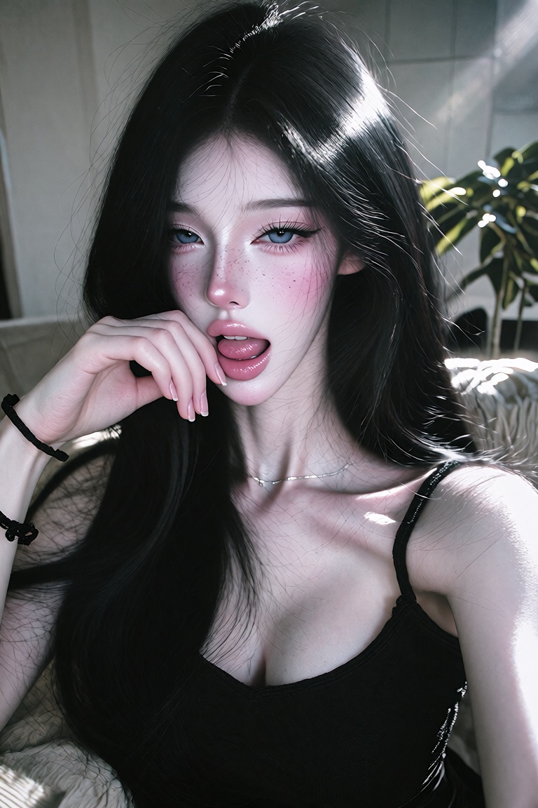 A close-up portrait of a young East Asian woman with long straight jet-black hair cascading over her shoulders and chest....