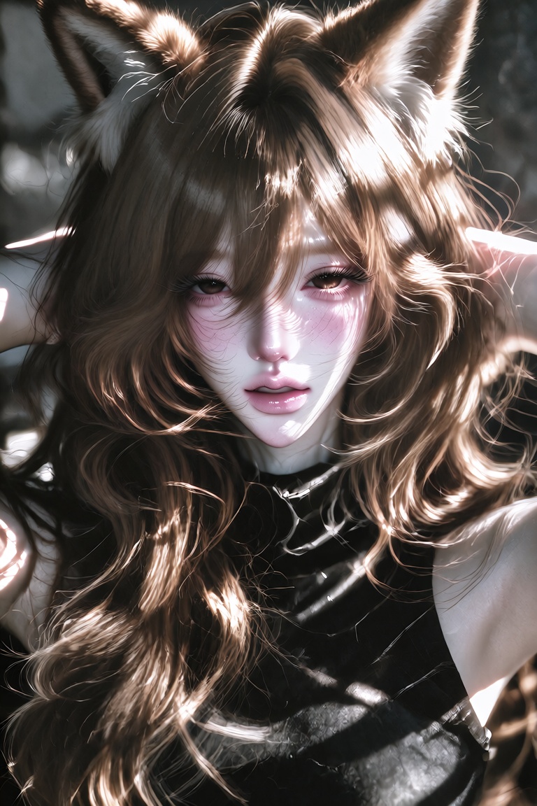 A beautiful young woman with long wavy light brown hair and soft bangs partially covering her eyes,  fox ears on top of he...