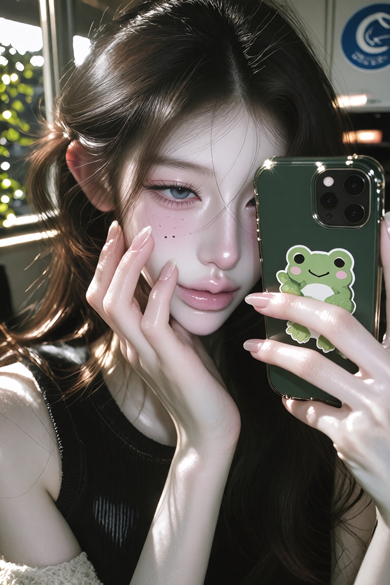A close-up selfie of a young East Asian woman with fair skin,  soft pink blush,  and natural dewy makeup. She has long on...