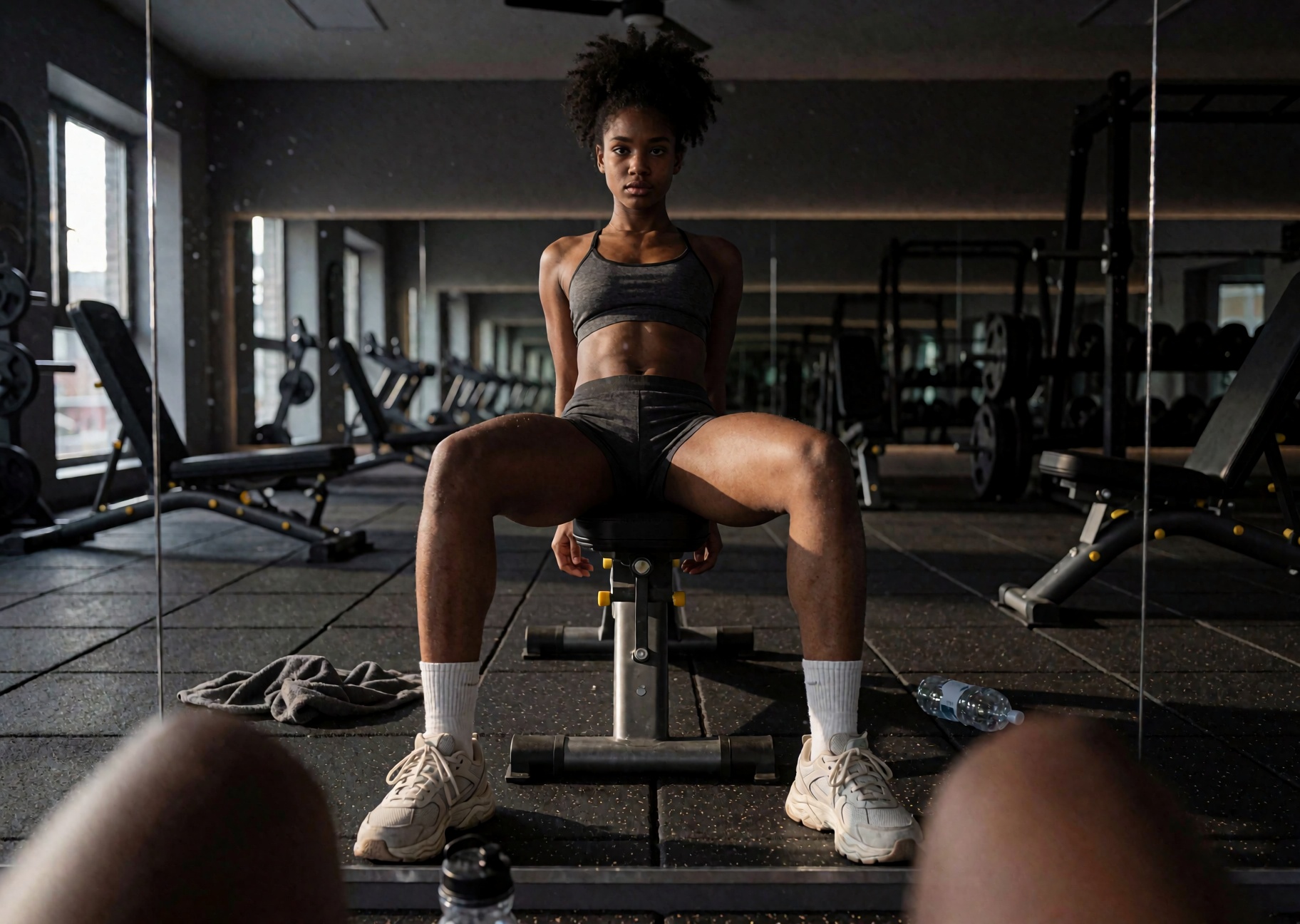 A gym after hours,  rubber floor,  mirrored wall. Center of frame on Tensor.Art