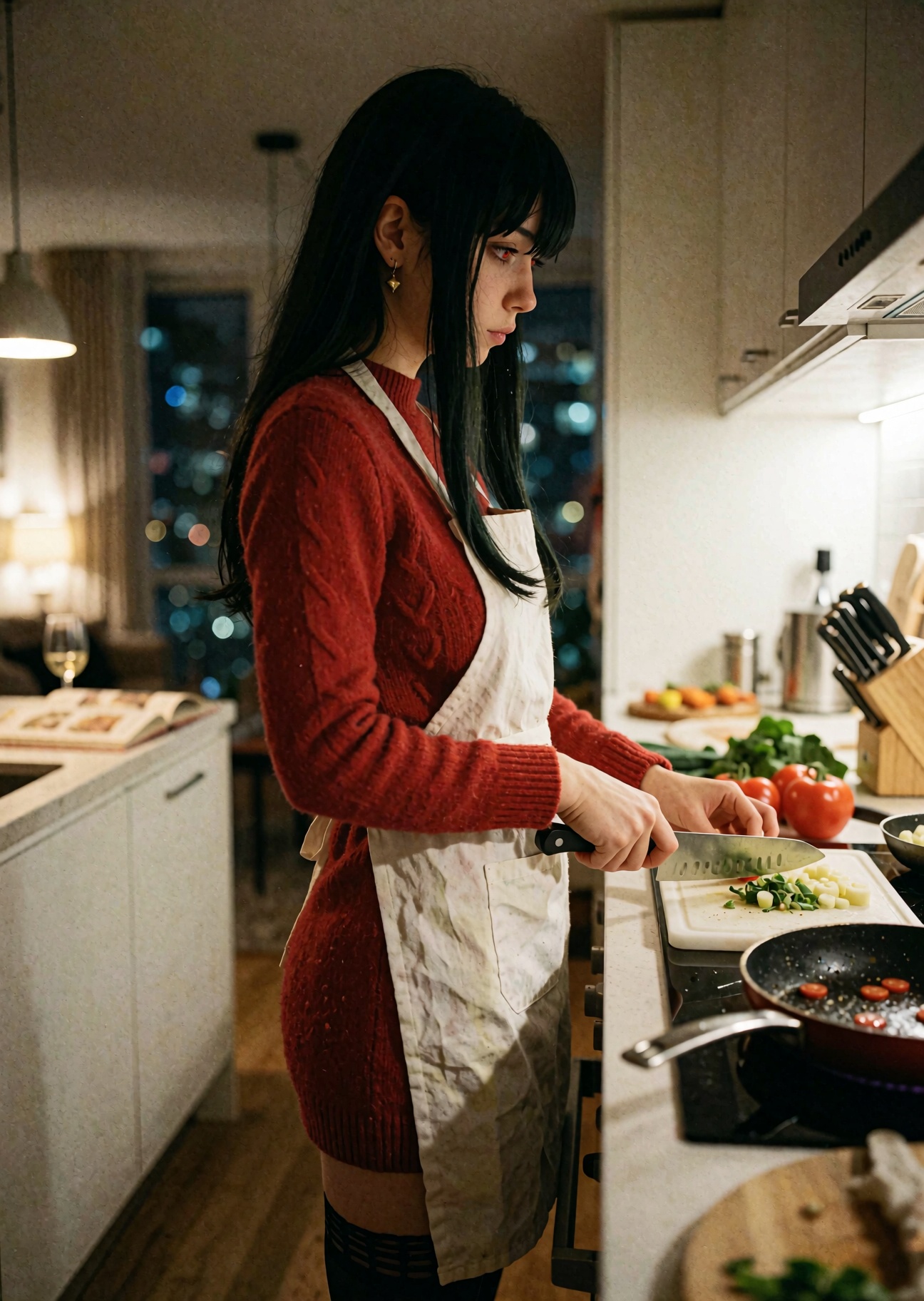 35mm film photograph,  side view. Right side of frame: a modern apartment kitchen — white cabinets,  a stovetop with a pan...